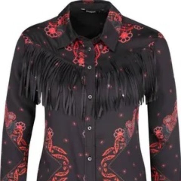 Women's Desigual Western Satin Paisley Long Sleeve Shirt Blouse Fringe Size L - Picture 3 of 14